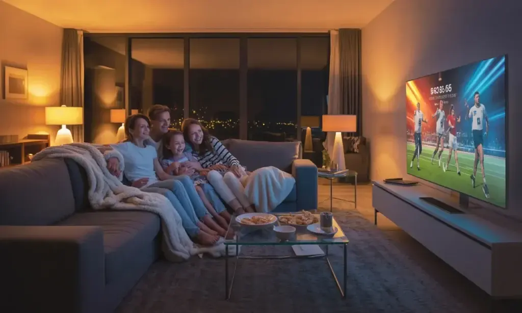 A family watching live sports in 4K on a smart TV with Marinios IPTV