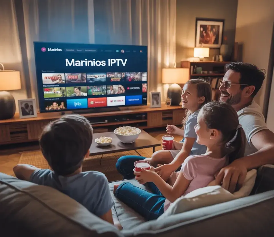 A family watching Marinios IPTV on a smart TV, browsing the live channel guide
