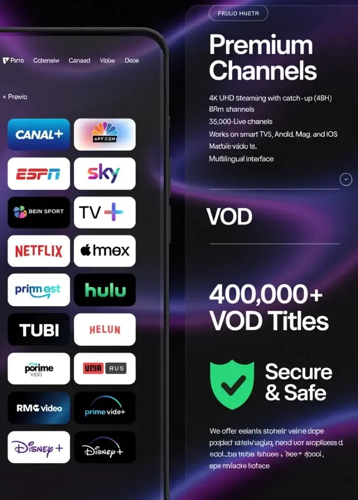 Marinios IPTV channel and VOD line-up shown on a mobile device