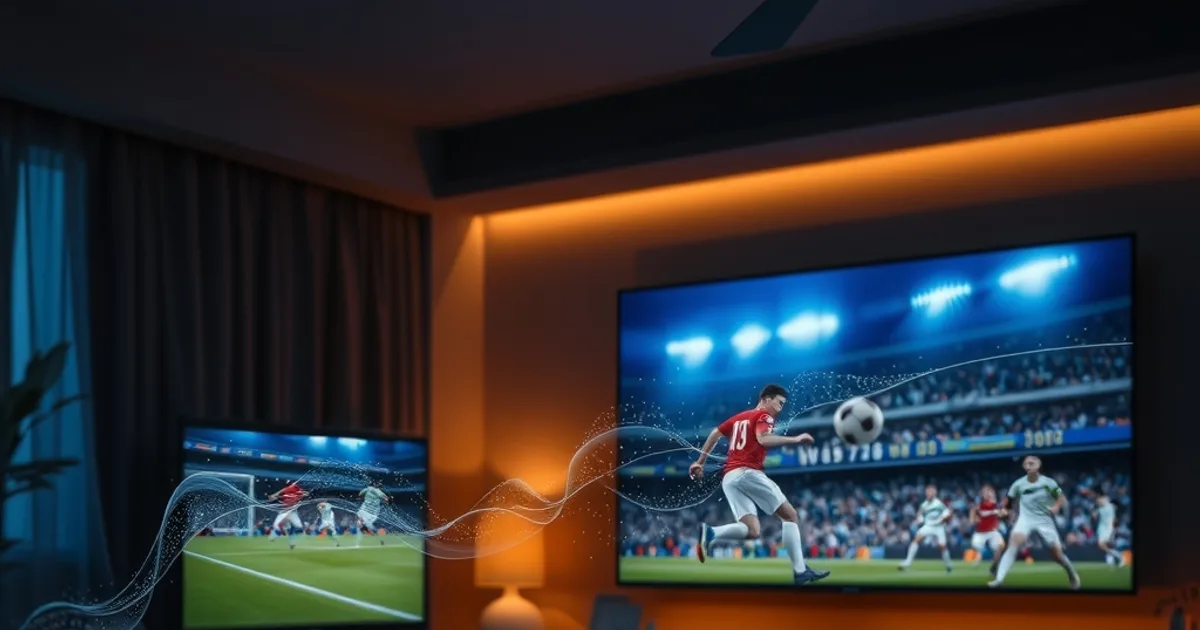 A glowing router sends streams of light across a dark living room toward a TV playing a vivid 4K football match at night