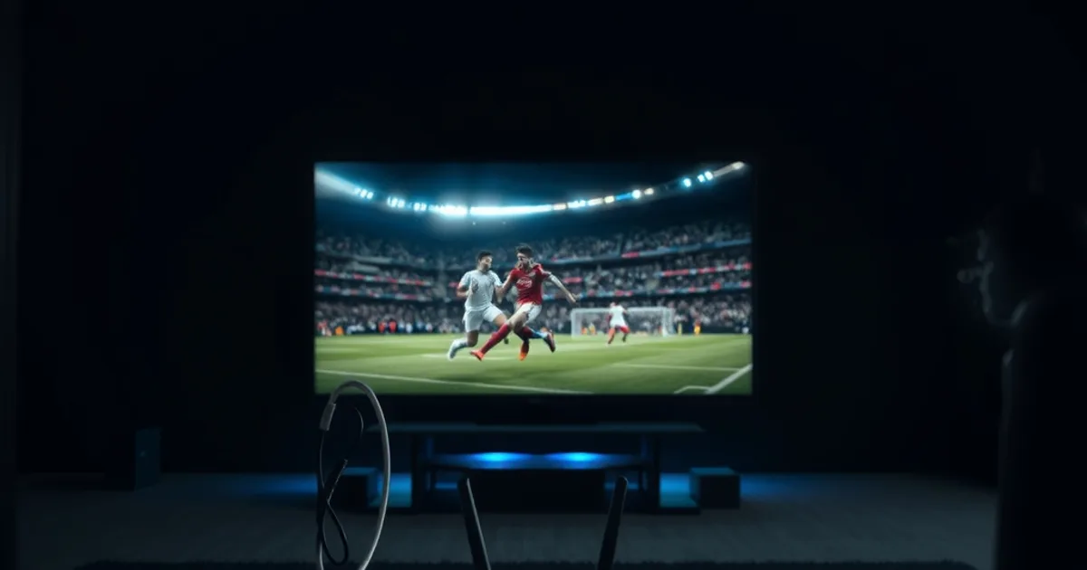 A dark living room at night lit by a large TV displaying a sharp football match, with an Ethernet cable connecting a streaming box to a router below the screen