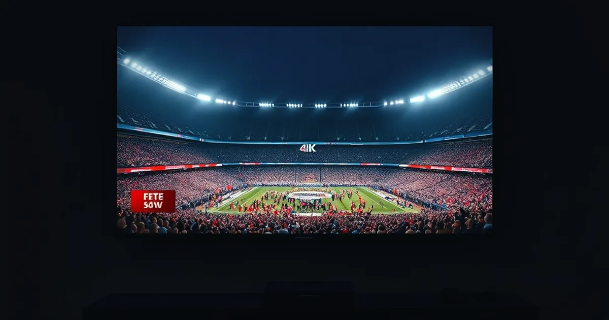 A dark living room at night lit almost entirely by a large wall-mounted TV showing a live sports broadcast in crisp 4K — a packed stadium under floodlights, the scoreboard sharp and legible, no pixelation or freeze frame. A streaming box sits on the console below with a steady green light, remote control resting nearby. On a side table, a phone displays the same live match in perfect sync, suggesting a stable connection holding up across multiple screens at once. The mood is calm and locked-in rather than tense — the picture of a stream that simply does not drop, even under full load.