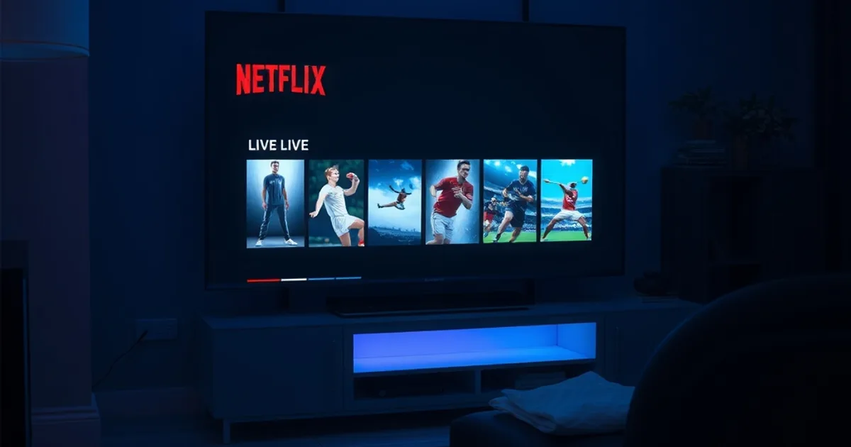 A dark living room lit by a TV screen showing a Netflix-style streaming app interface with rows of content tiles, evoking a modern IPTV app experience