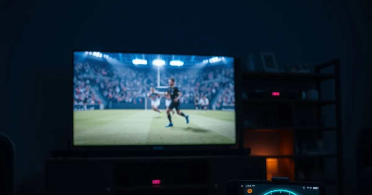 A dark living room at night lit by a TV showing a frozen, pixelated live sports stream, with a router blinking in the background and a phone showing a speed test on the coffee table