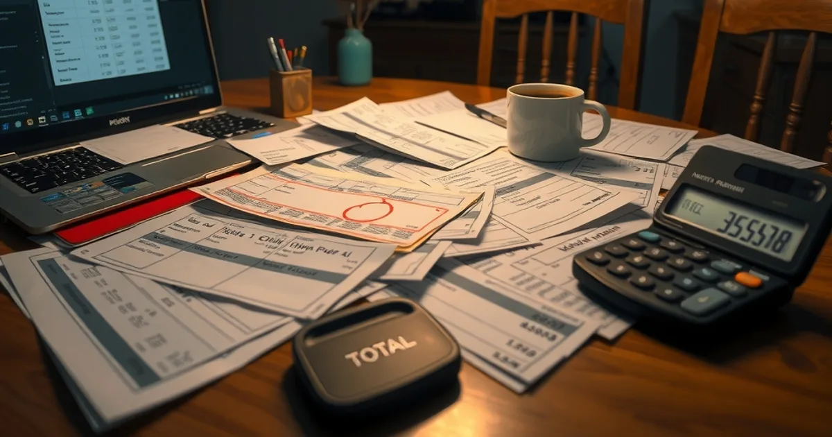 A kitchen table at night, lit by a single warm overhead lamp, covered with a fan of printed subscription receipts and credit-card statements, several lines circled in red pen. A laptop sits half-open at the edge of the frame showing a simple pricing table, and a cooling mug of coffee rests beside a pocket calculator with a total still on its display. The mood is quiet and forensic — someone patiently going through a year of billing after hours, not an advertisement.