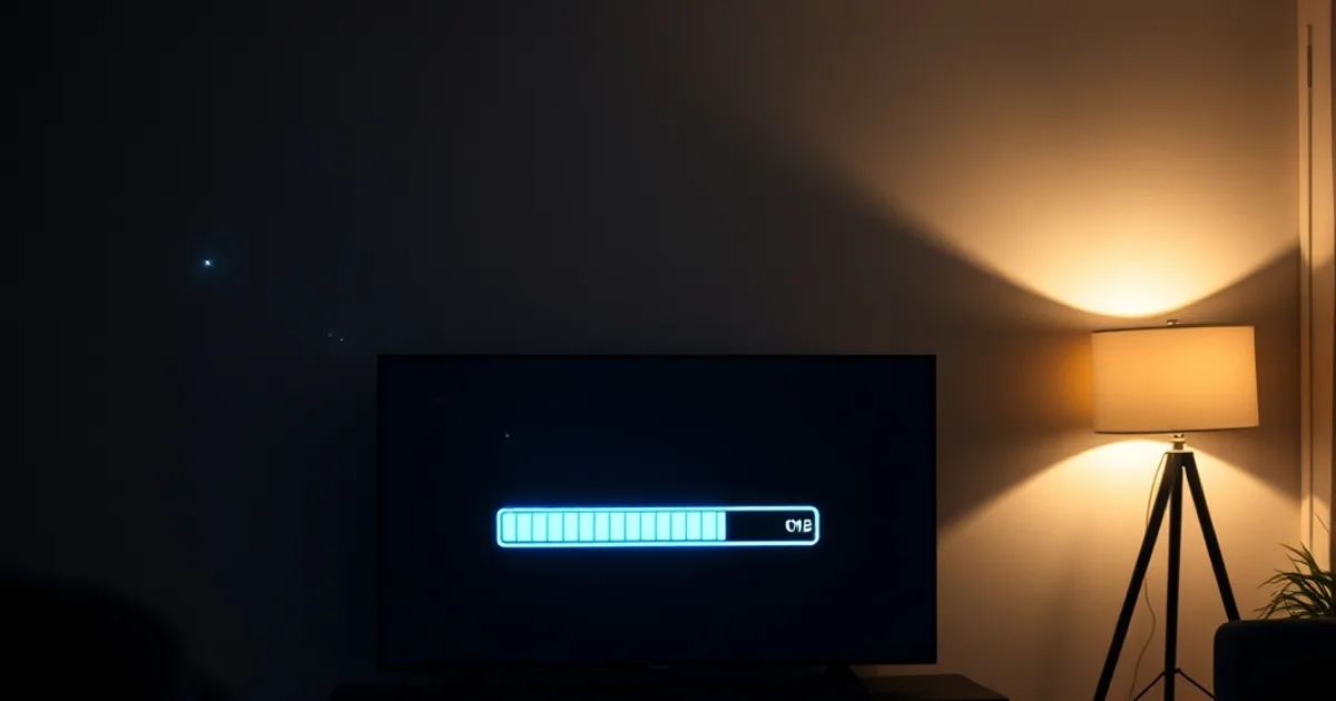 A dark living room lit by a TV screen showing a buffering icon, with faint blue light trails flowing from a router in the background, symbolizing throttled internet data reaching the screen.