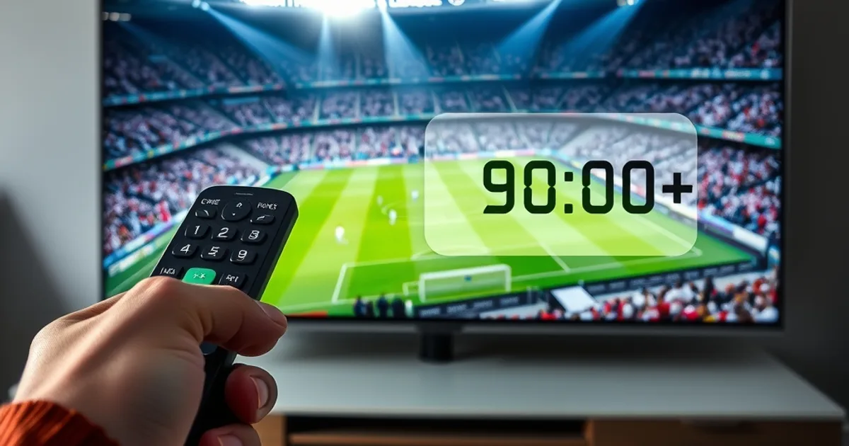A close-up of a hand holding a TV remote in front of a large living-room screen showing a Champions League football match in sharp 4K detail — floodlit stadium, packed stands, players mid-sprint on a vivid green pitch. A small translucent overlay in the corner shows a stopwatch reading 90:00+ and a green 'stable' signal icon, conveying a stream that survived to the final whistle without buffering. The room is dim and cozy, lit mostly by the screen's glow, with a phone on the armrest showing the same match mirrored.