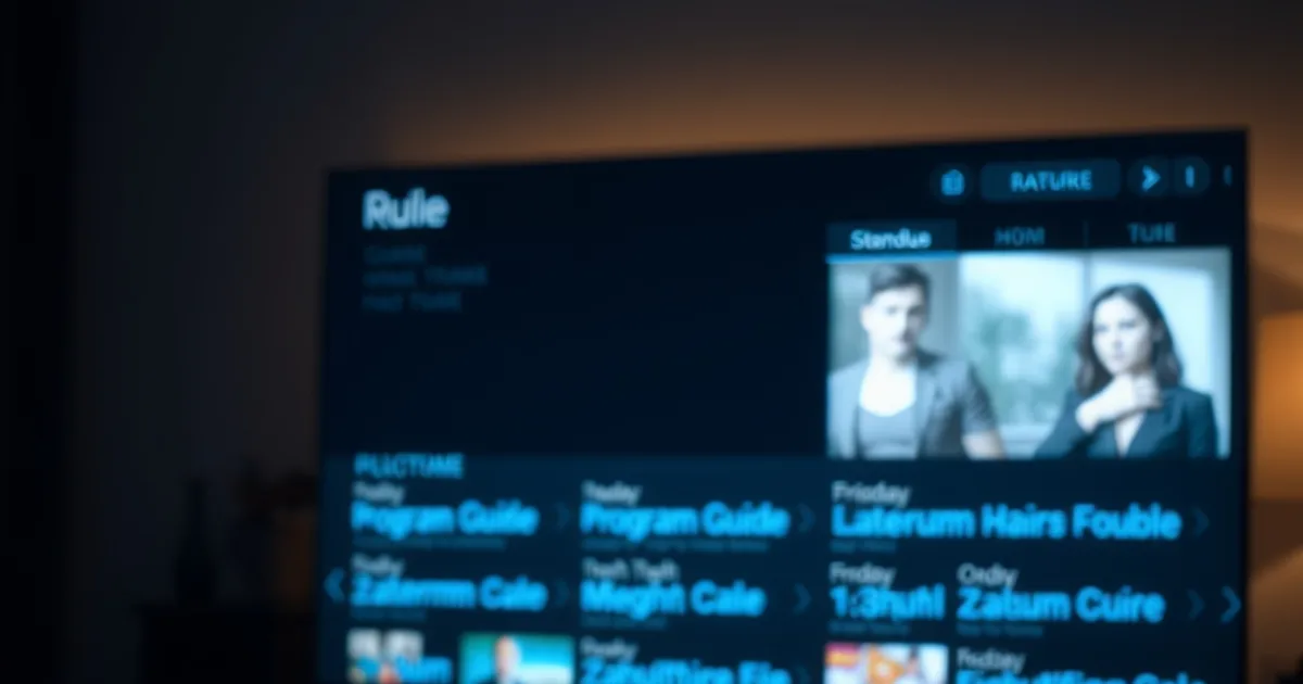 A dark living room with a TV displaying a glowing multi-row program guide grid, remote control in the foreground