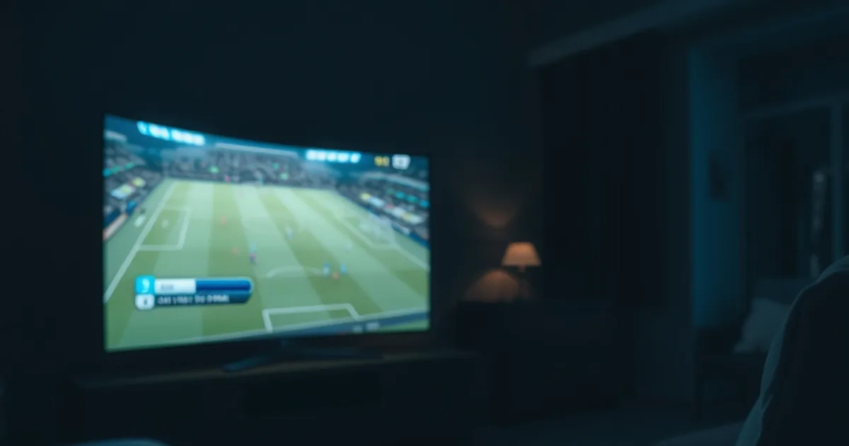 A dark living room at night with a TV showing a live football match mid-buffer, a phone with a stopwatch timer glowing on the armrest beside a remote control