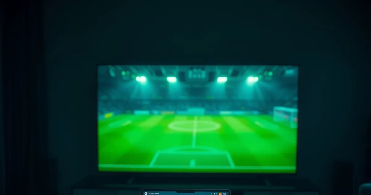 Dark home theater setup at night with a TV glowing from a football match, a laptop showing a network speed-test graph, and a router with blinking lights on a coffee table.