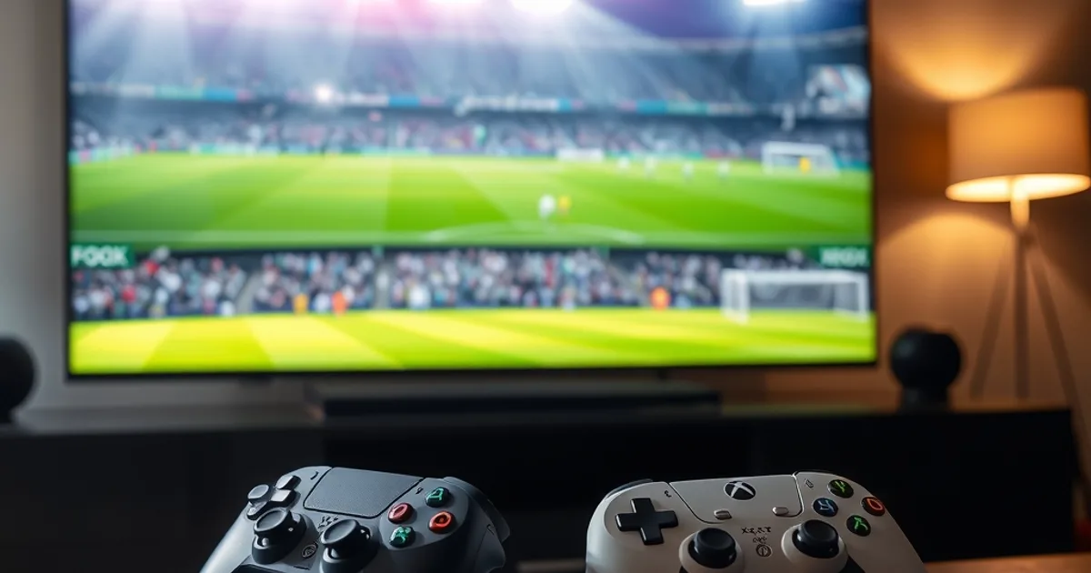 A PS5 DualSense controller and an Xbox controller resting side by side on a dark console table in the foreground, both lightly out of focus, while a large TV screen behind them glows with a crisp 4K live football broadcast — floodlit stadium, sharp grass texture, players mid-play. The living room is warmly lit at night, mostly by the screen and a soft lamp glow, conveying a steady, uninterrupted stream rather than a frozen or buffering picture.