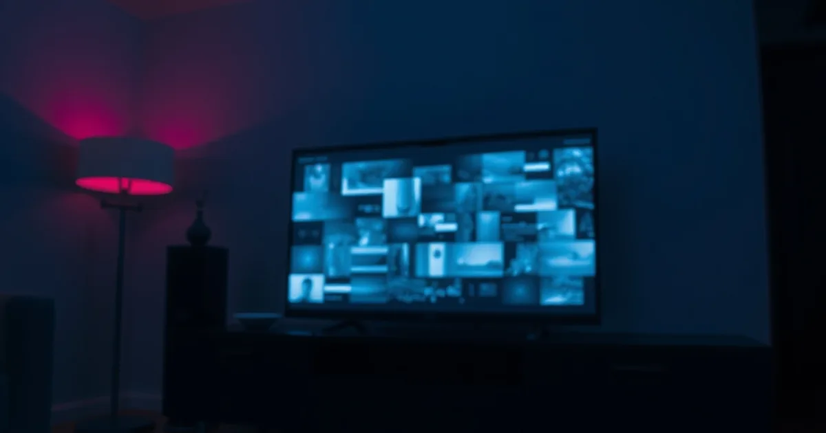 A television glitching with static in a dark room while a phone glows faintly on the coffee table beside it