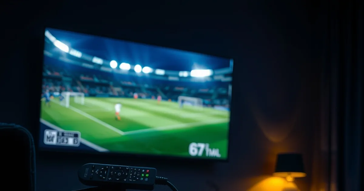 A dark living room at night with a TV showing a live football match and an unplugged cable cord lying on the floor beside a dark cable box