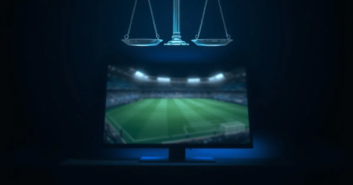 A glowing translucent scale of justice balanced above a dark streaming interface showing a football pitch, symbolizing IPTV legality