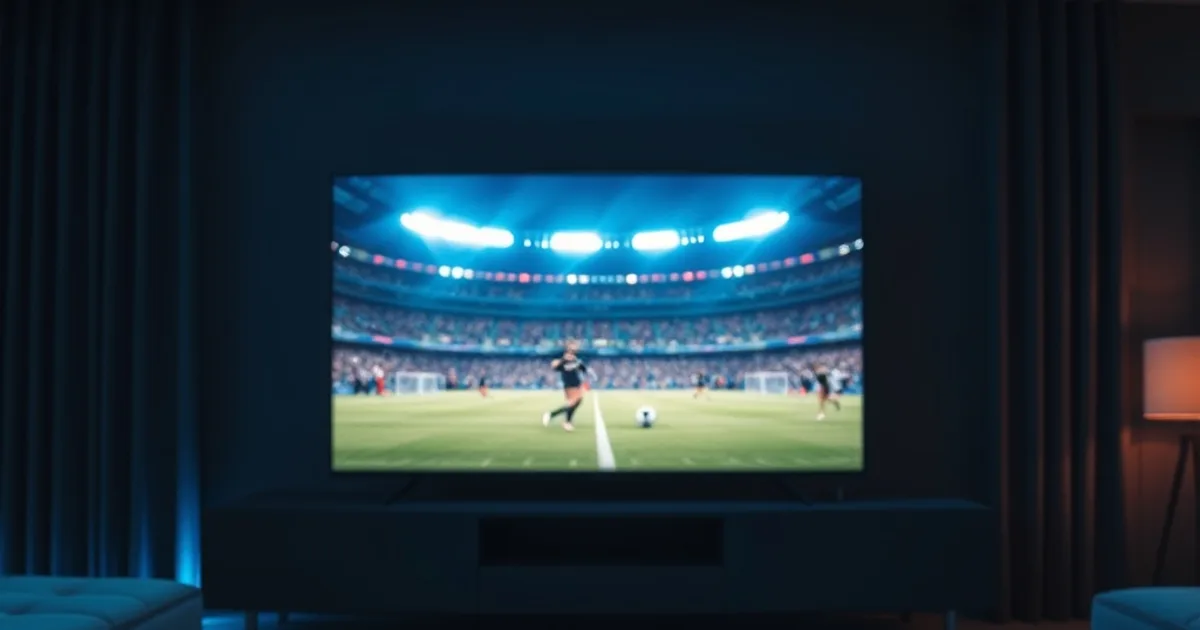 A dark living room at night lit by a glowing 4K television showing a live football match, with a streaming box and HDMI cable on the console below