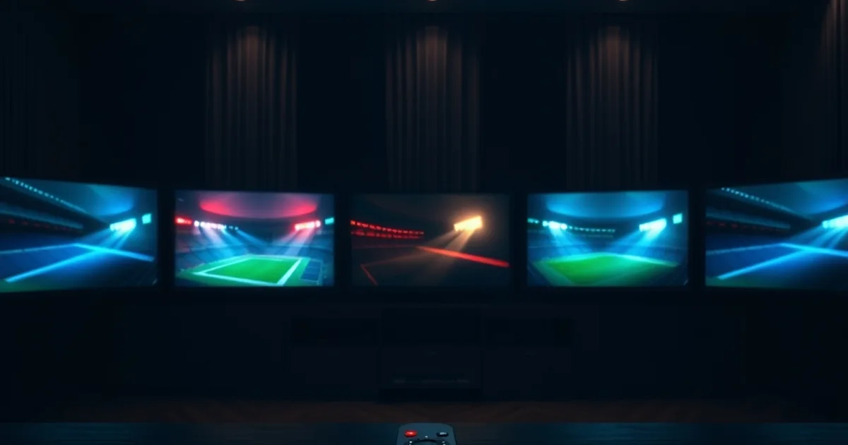 Dark home theater with five glowing screens each lit in a different color, representing five European football leagues streaming together