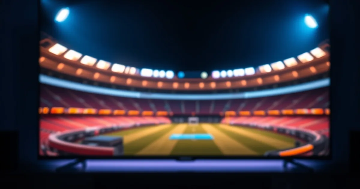 A dark living room scene with a streaming box and remote in front of a TV displaying a four-way split screen of glowing stadium light silhouettes, representing multi-view sports streaming