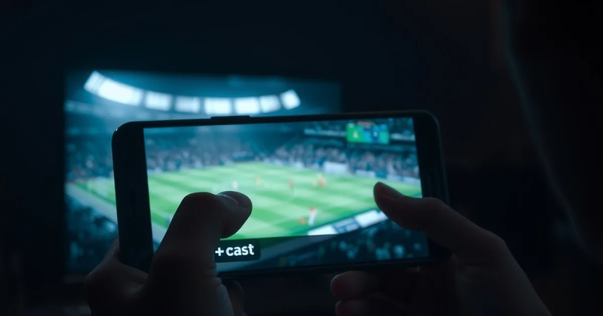 A hand holds an Android phone streaming a live match in landscape mode, with a TV glowing softly in the dark background ready for casting