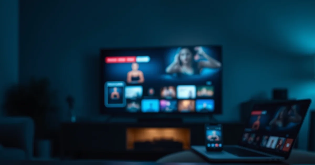 A dark living room at night with a Fire TV remote in the foreground and a TV, phone, and laptop glowing with streaming screens in the background, connected by faint light trails
