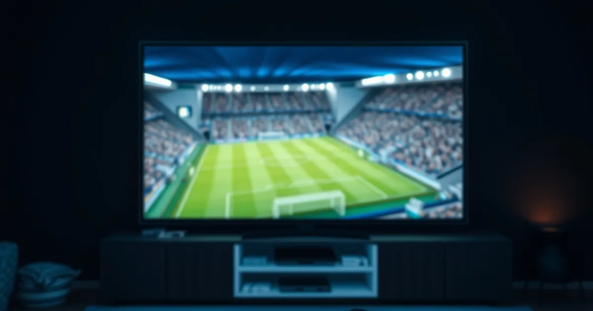 A dark living room at night with a streaming device and remote beside a TV displaying a football match on a stadium pitch