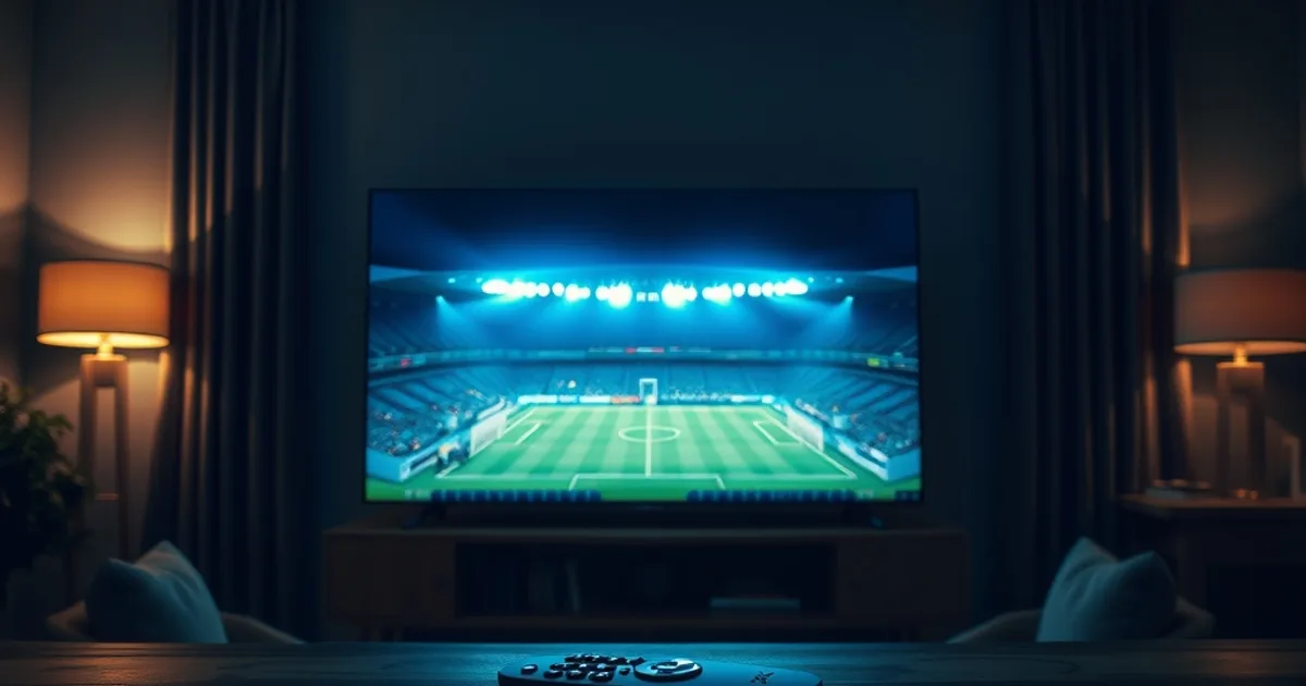 A dark living room lit by a large TV screen showing a floodlit football match at night