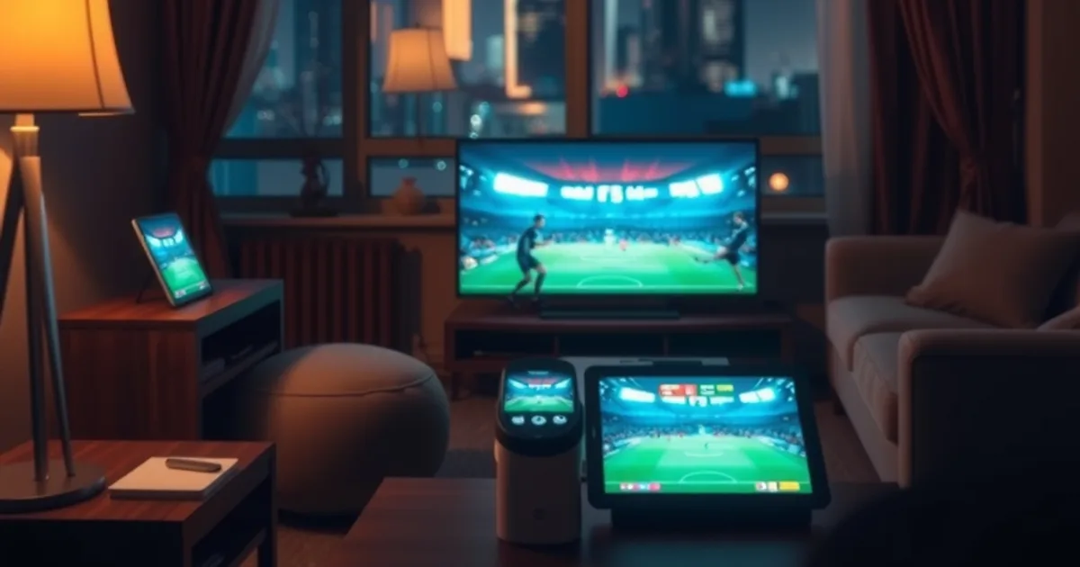 A dimly lit apartment at night with a TV, phone, and tablet all glowing with live football matches, a foreign city skyline visible through the window