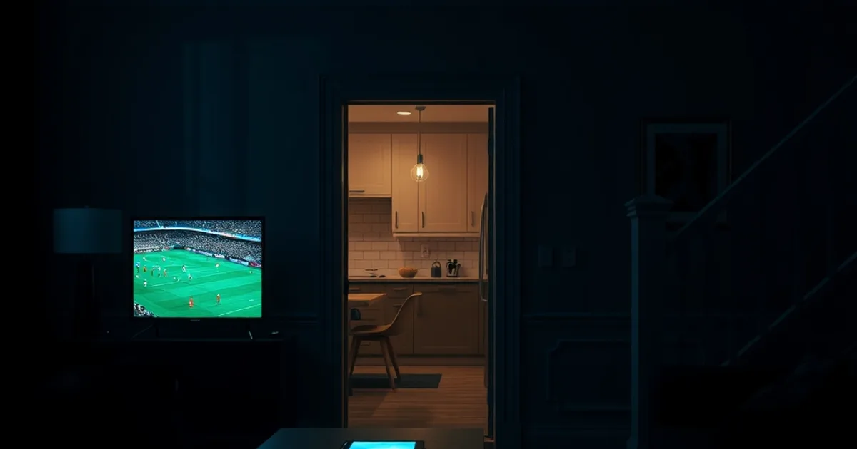 A darkened multi-room home at night with a living room TV, a kitchen tablet, and an upstairs phone screen all glowing at once, representing simultaneous streams across one household
