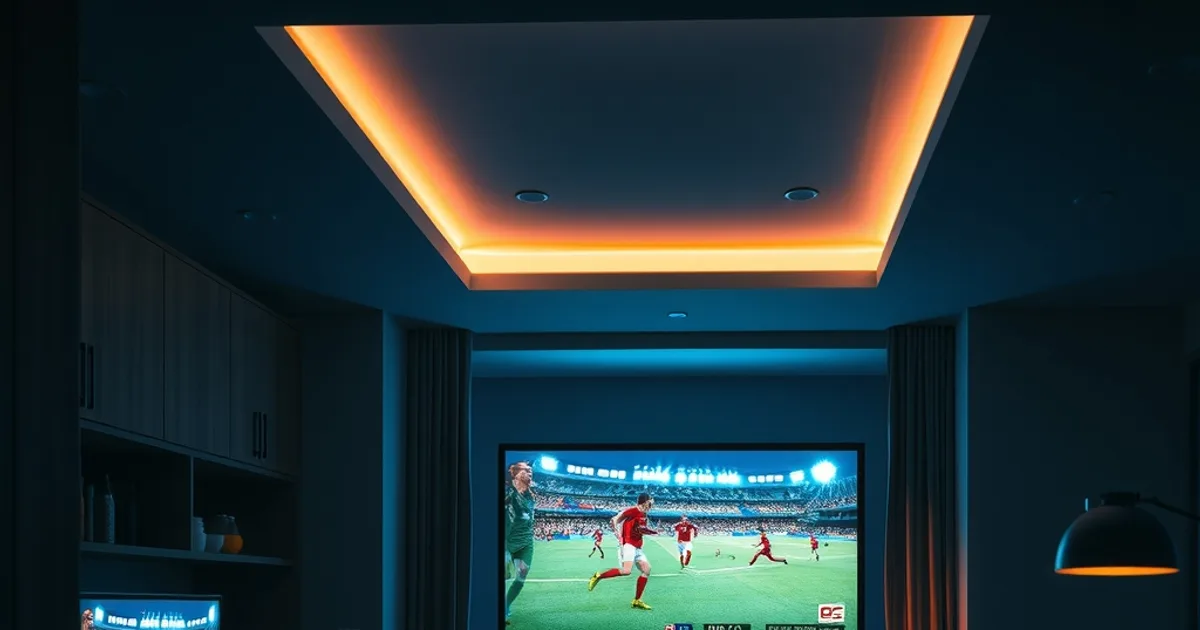 Dark cutaway view of a house at night with a living room TV, a bedroom screen, and a kitchen tablet all simultaneously playing live football broadcasts