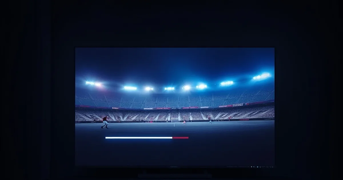 Dark living room at night with a TV showing a paused football match and a streaming device with a USB drive connected beneath it