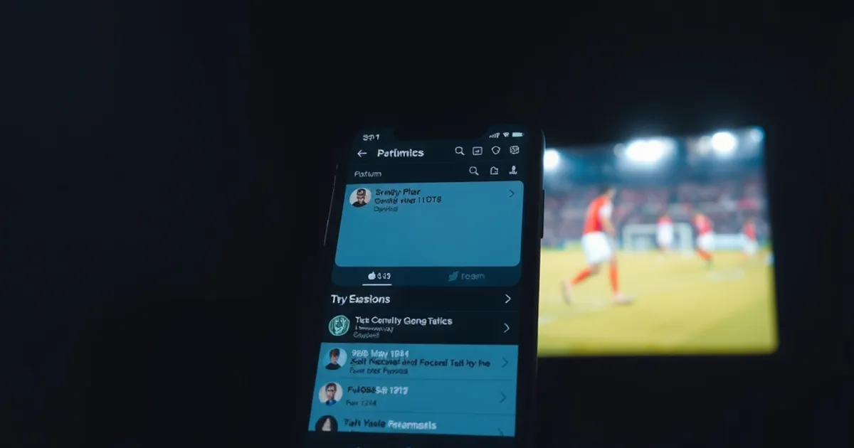 A smartphone glowing with a community discussion feed in a dark room, a football match playing softly on a TV in the background