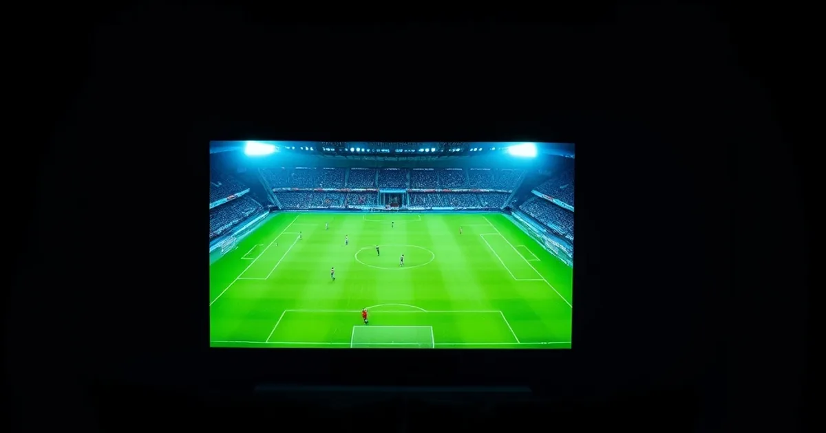 Dark living room at night with a football match glowing on the TV screen and a streaming remote resting on the console below