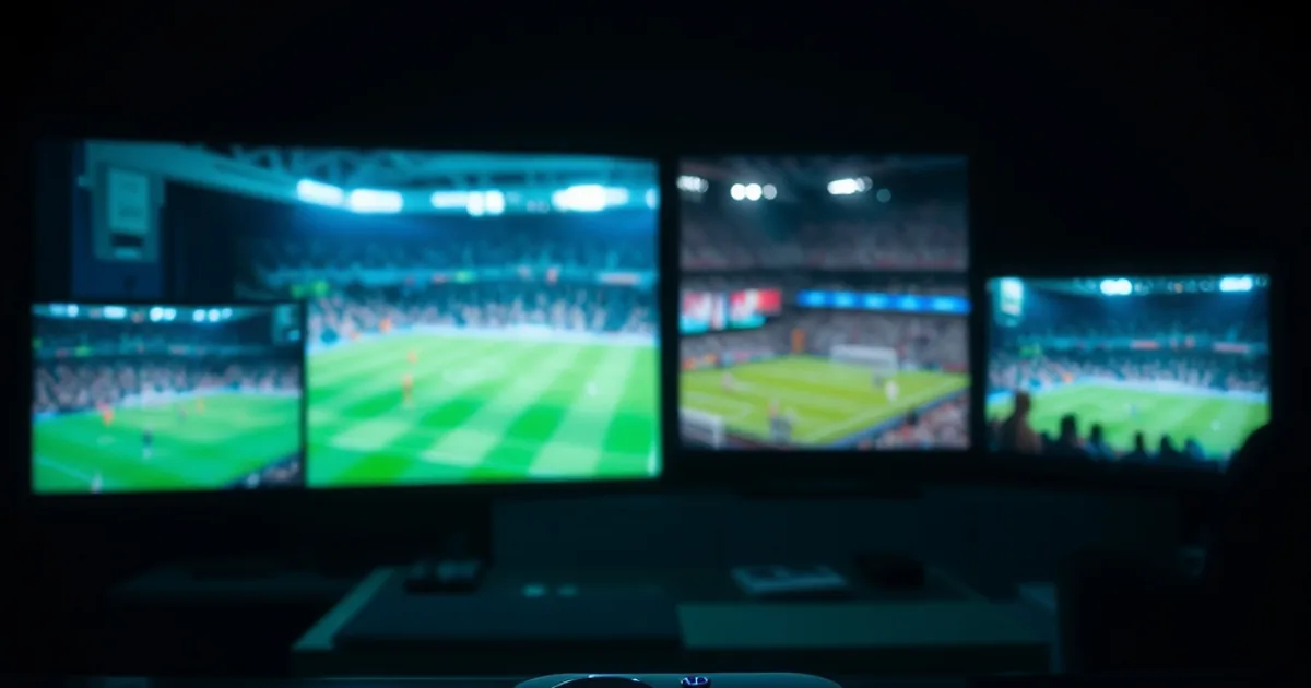Dark editorial scene contrasting a single streaming remote with multiple glowing screens showing different live sports broadcasts simultaneously