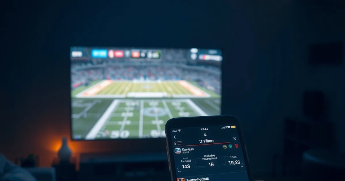 A smartphone showing a fantasy football lineup held in front of a TV broadcasting a live football game in sync, in a dark cinematic living room