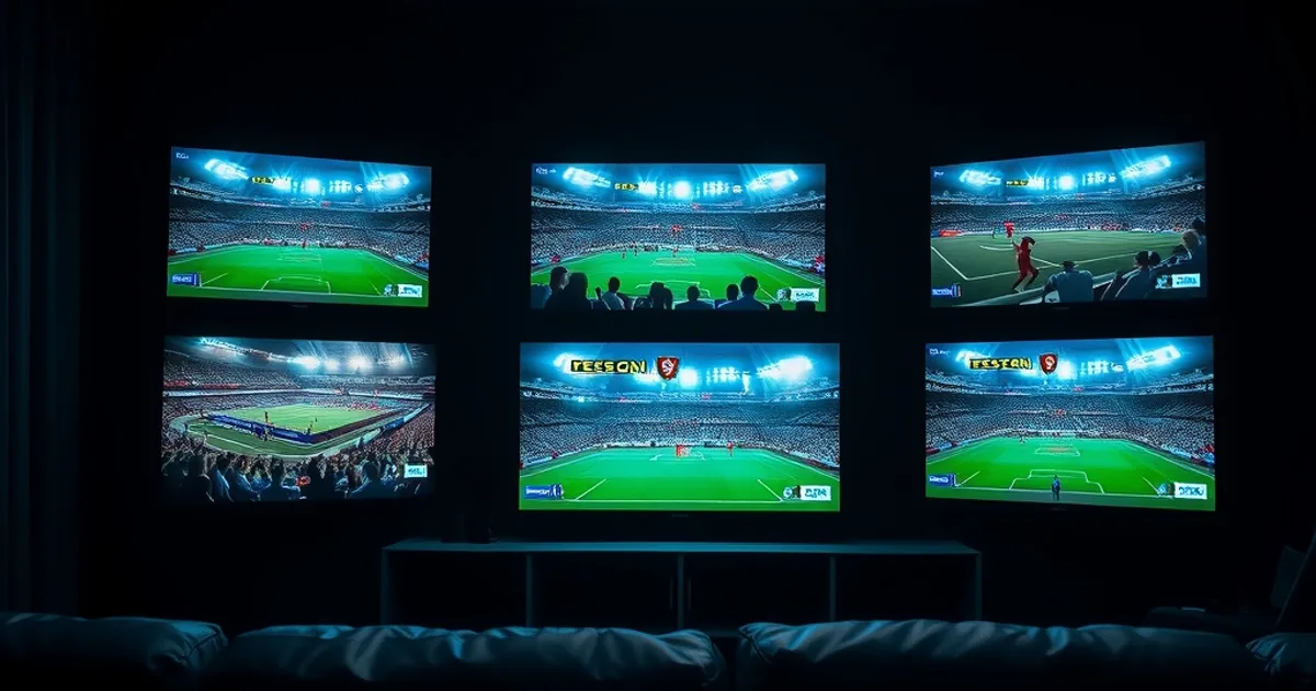 Dark home theater room with several screens simultaneously displaying different live football matches
