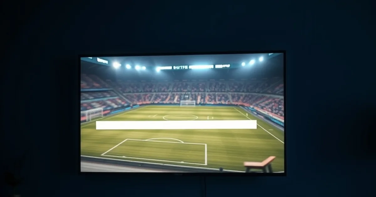 A dark living room with a wall-mounted TV frozen mid-buffer on a live football match, router lights glowing in the foreground