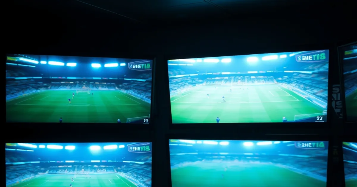 A dark control-room wall of screens showing live football matches, one screen sharp and stable while others show streaming artifacts, symbolizing an IPTV reliability comparison test