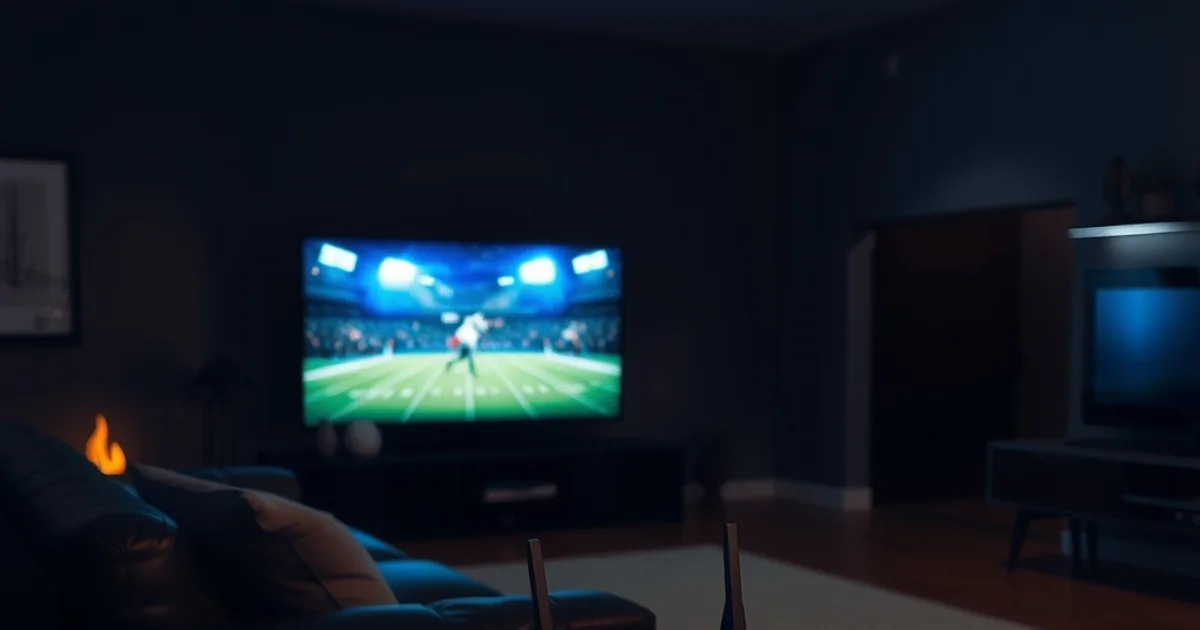 Dark, cinematic living room at night lit by a TV showing a live football broadcast, with a router and ethernet cable visible in the foreground