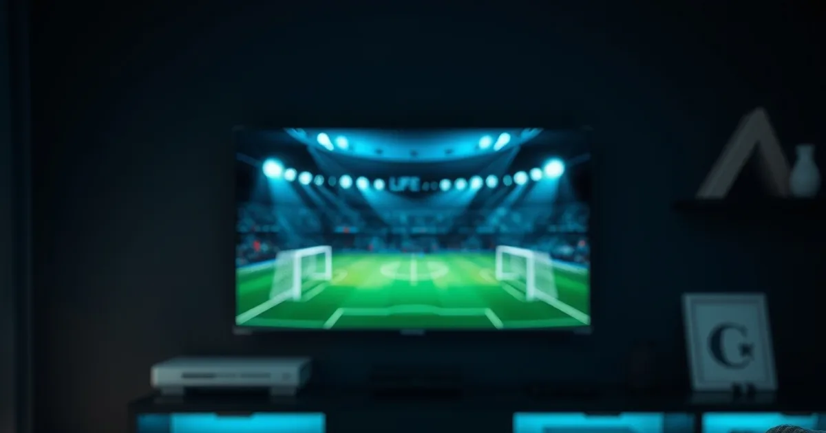 Dark living room at night with a glowing television casting blue light, a remote control resting nearby, evoking a premium football streaming setup