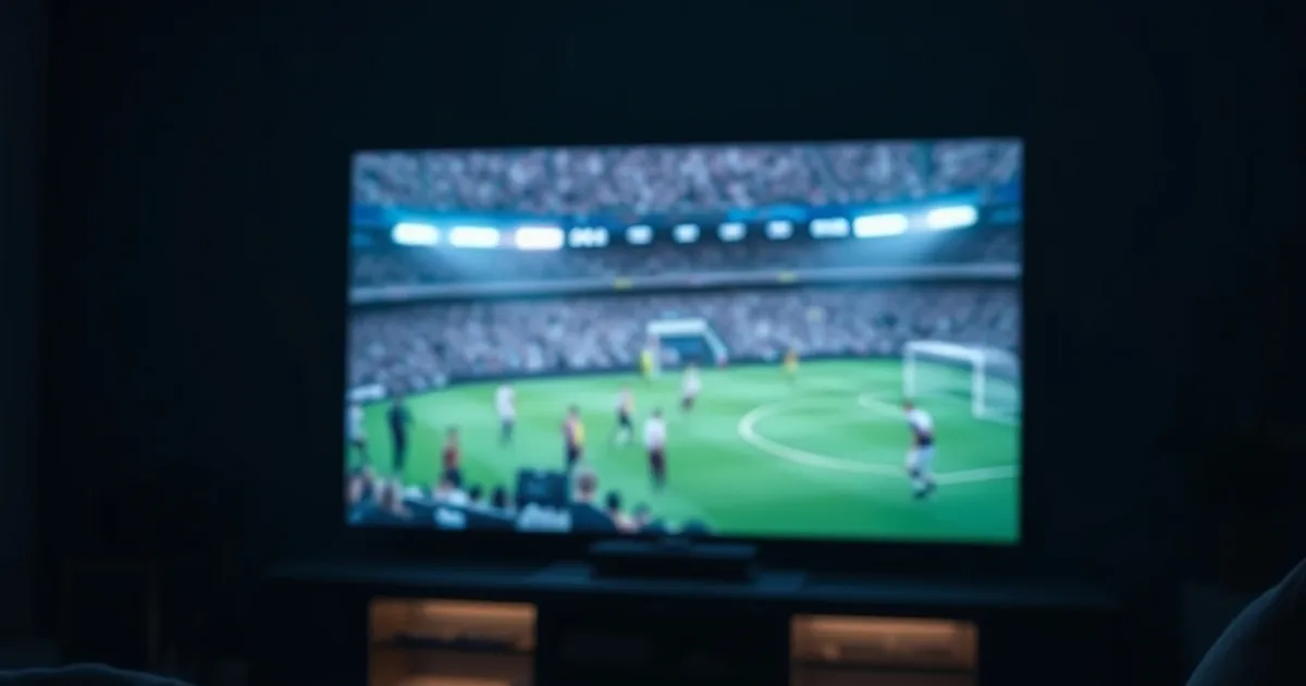 Dark living room lit by a television showing a live football match, cinematic premium streaming atmosphere