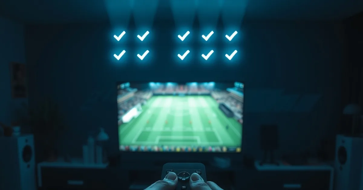 A person holding a remote in a dark living room facing a glowing TV showing a live football match, with faint checklist marks floating in the air