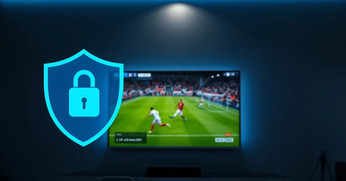 A dark living room at night lit mainly by a large wall-mounted TV showing a crisp, glitch-free live football match in 4K. A translucent blue shield-and-lock icon overlays one corner of the screen, symbolizing an active VPN connection, with a faint signal-strength bar reading full and stable. On the coffee table in the foreground, a smartphone and a tablet also display the same smooth live stream in sync, connected via a small streaming box with a steady green LED. Soft ambient blue and white light from the screens fills the room, conveying calm, uninterrupted, secure streaming rather than buffering or lag.