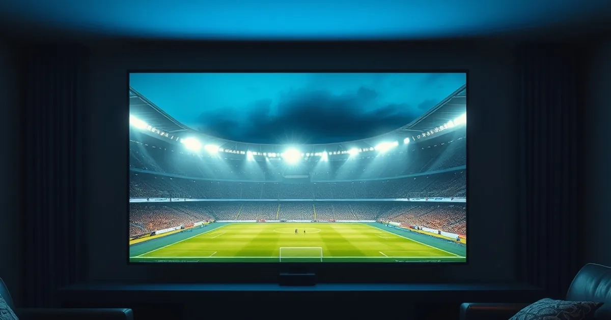 A dark living room lit by a TV showing a floodlit football stadium at night, streaming setup on the coffee table