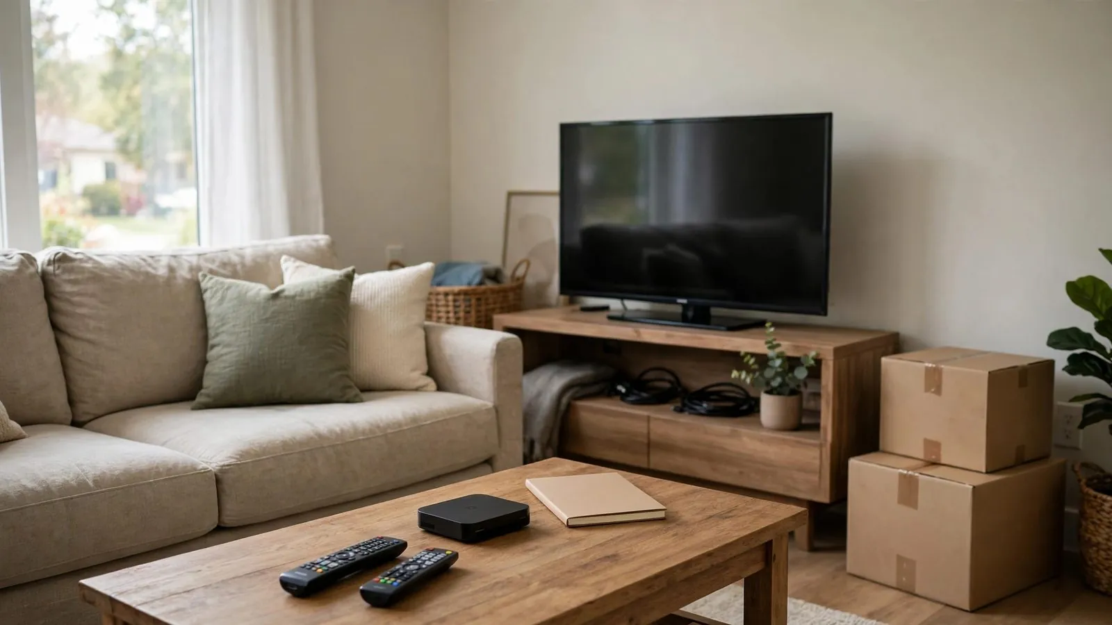Living room with sofa, switched-off TV, wooden coffee table, and cardboard moving boxes.